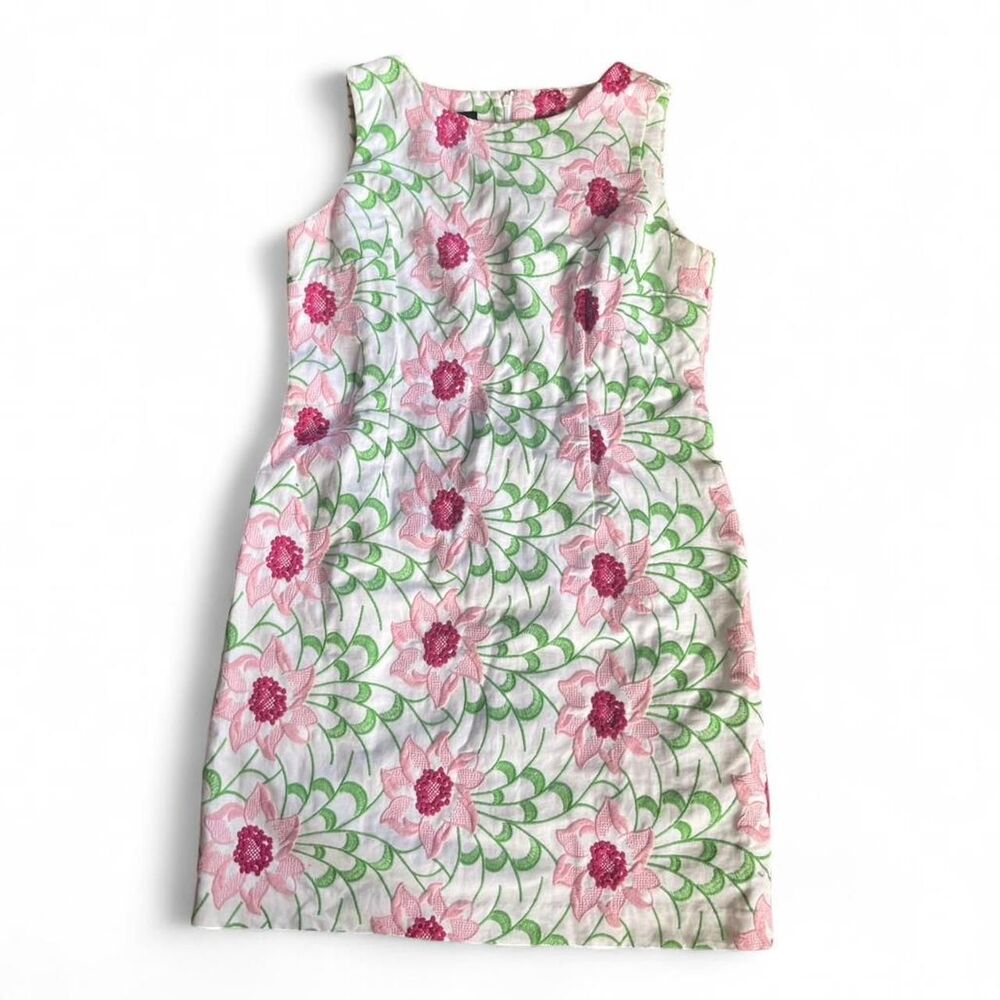 Talbots Women's White Pink and Green Floral Embroidered Linen Dress SZ 12